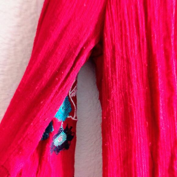 Free People Large? Red Embroider TeAmo Bell Sleeve Babydoll Mini Dress Boho READ - Picture 10 of 12